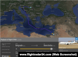 Screenshot sa sajta FlightRadar24, gde se vidi putanja kargo aviona sa registarskom oznakom 4X-ICK od Beograda ka Berševi na jugu Izraela, 24. jun 2025.