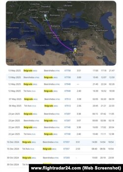 Screenshot sa sajta FlightRadar24, istorija letova aviona sa registarskom oznakom 4X ICK na trasi Izrael-Srbija-Izrael od 30. oktobra 2024. do 13. maja 2025.